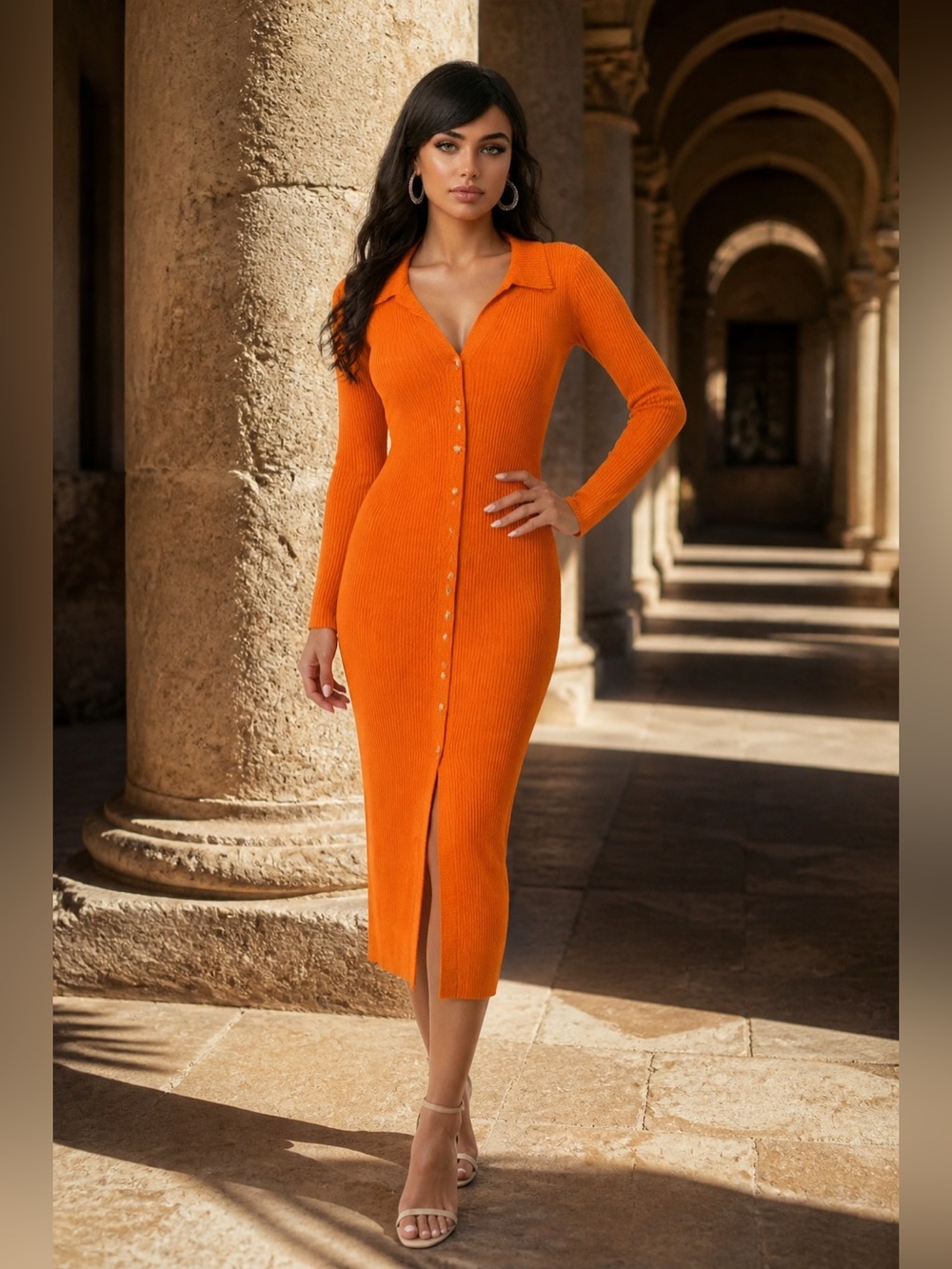 NWT ACOA x VICI Ari Button-Front Ribbed Midi Dress